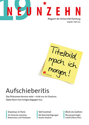 Hochschulmagazin 19NEUNZEHN: Cover der Ausgabe April 2014, Post-it mit Notiz: Titelbild mach ich morgen!