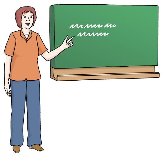 Eine Person steht vor einer Tafel und zeigt darauf.