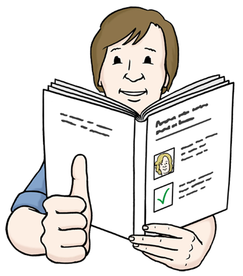 Eine Frau schaut über ein Buch und hält den Daumen hoch.