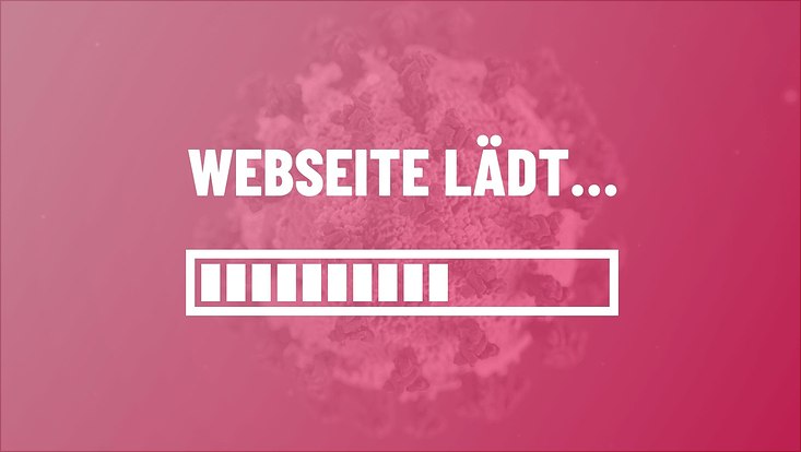 Ein Virus ist im Hintergrund symbolisch dargestellt, darüber in weißer Schrift vor rotem Hintergrund "WEBSEITE LÄDT..." und ein etwas mehr als die Hälfte geladener Ladebalken