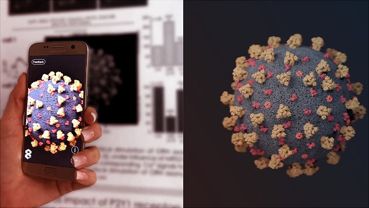 Hand hält Smartphone auf dem mit der „Augmented Science“-App ein Bild des Coronavirus angezeigt wird. Rechts daneben ein Bild des Coronavirus vor schwarzem Hintergrund.