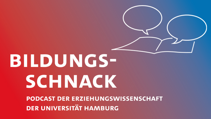 Rechts oben ist eine Zeichnung eines Buches und zwei Sprechblasen zu sehen, darunter befindet sich der Titel „Bildungsschnack  – Podcast der Erziehungswissenschaft der Universität Hamburg“.