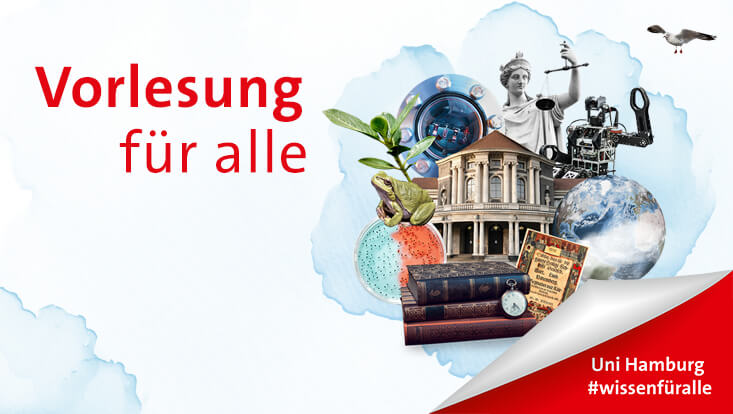 Links steht in roter Schift "Vorlesung für alle", rechts daneben ist das "Vorlesung für alle" - Logo in einem hellblauen Farbtupfer abgebildet. Unten rechts in der Ecke steht "Uni Hamburg #wissenfüralle" in einer roten aufgeklappten Ecke.