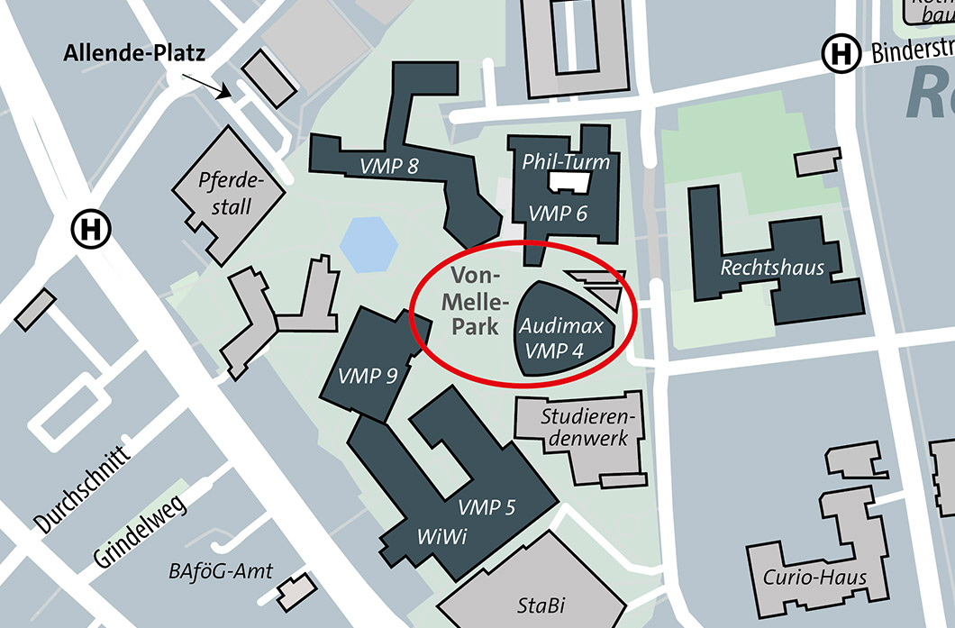 Ausschnitt aus dem Lageplan des Von-Melle-Park-Campus, auf dem die Stelle vor dem Audimax markiert ist.