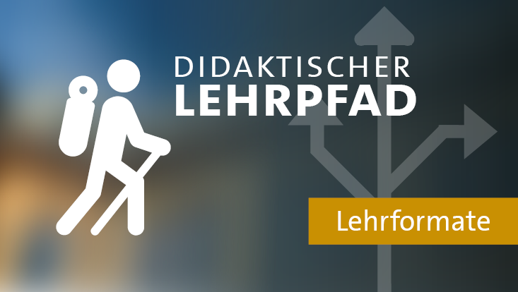 Wanderer-Icon neben dem Titel "Didaktischer Lehrpfad". Darunter ein Fähnchen mit der Beschriftung "Lehrformate" auf gelblichen Grund.