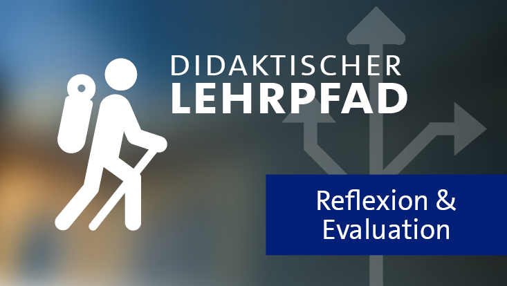 Wanderer-Icon neben dem Titel "Didaktischer Lehrpfad". Darunter ein Fähnchen mit der Beschriftung "Reflexion und Evaluation" auf dunkelblauen Grund.