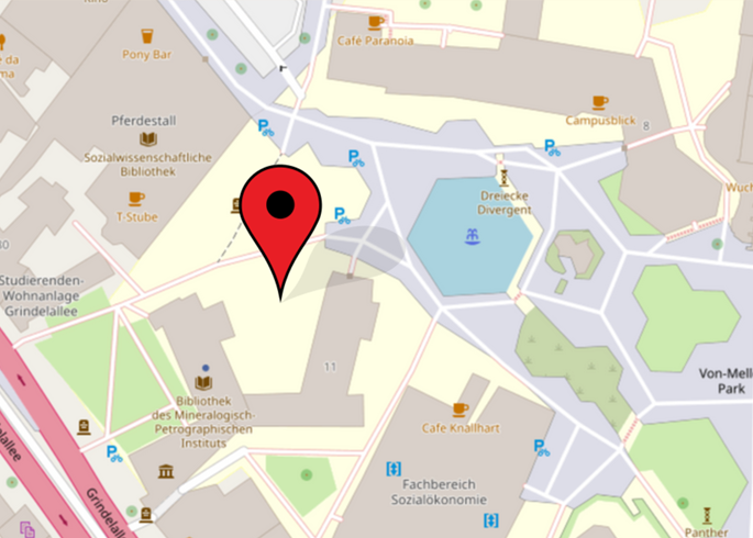 Karte, auf der die Lage des Wurzelwerks im Innenhof des VMP11 verbildlicht wird.