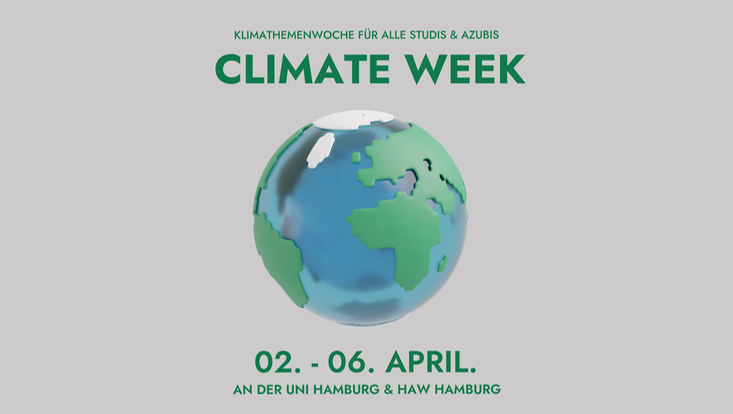 Erde in 3D. Mit Text der sagt: Klimathemenwoche für alle Studierenden: Climate Week. Organisiert vom Green Office, HAW AStA, AStA UHH und Students for Future Hamburg