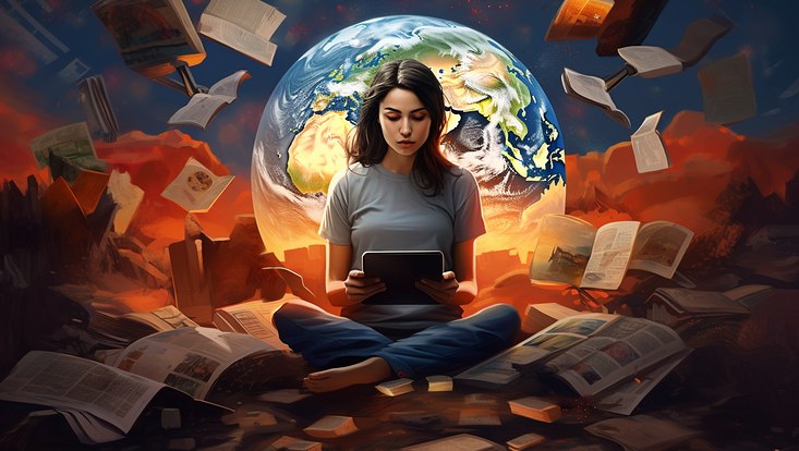 eine Frau sitzend und lesend in einem Zukunftsszenario