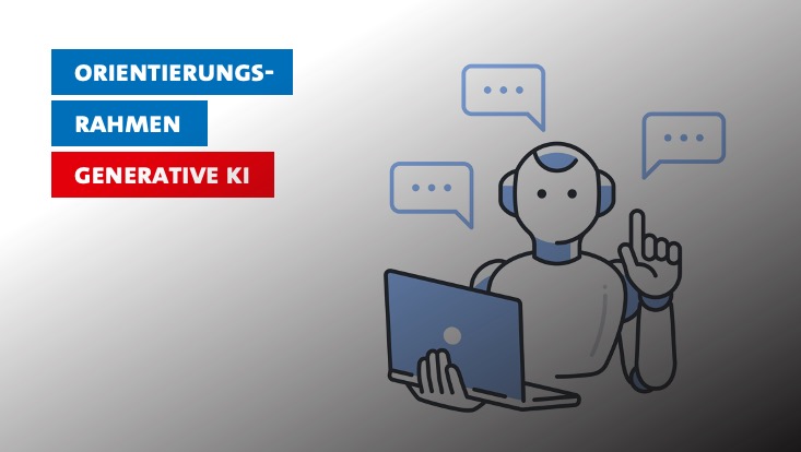Ein Roboter, der den Finger hebt und spricht, mit dem Text "Orientierungsrahmen generative KI"