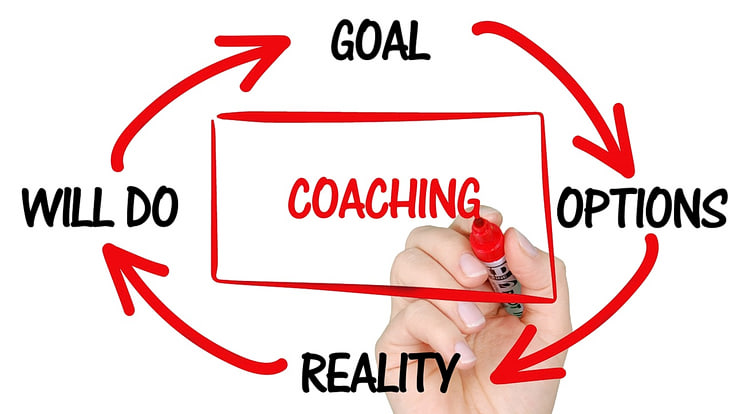 Grafik von einem Kreislauf aus den Begriffen: "Goal", "Options", "Reality" und "Will Do" um den Zentralbegriff "Coaching".