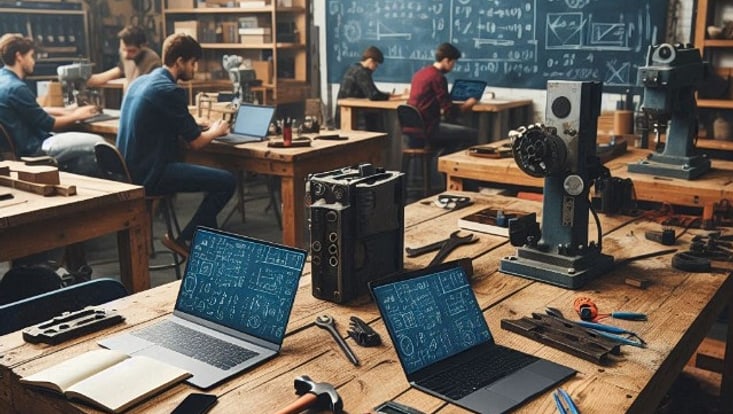 Studierende in einer Werkstatt, wo sowohl digital als auch analog gearbeitet wird.