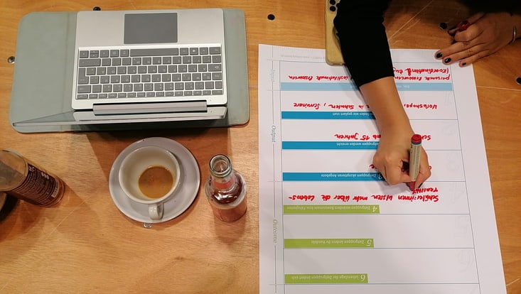 Eine Person sitzt an ihrem Arbeitsplatz und schreibt auf ein Plakat.