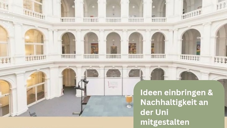 Ausschnitt eines Instagram-Posts, auf dem der Lichthof der StaBi und der Text "Ideen Einbringen und Nachhaltigkeit an der Uni mitgestalten" zu sehen sind