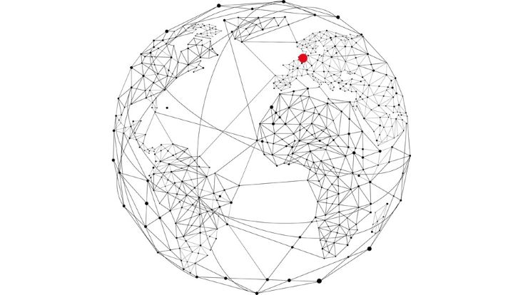 Netzwerklinien bilden eine Weltkugel. Hamburg ist als roter Punkt markiert.
