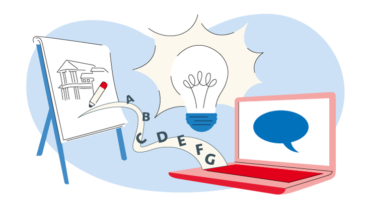 Flipchart und Laptop mit Glühbirne im Hintergrund