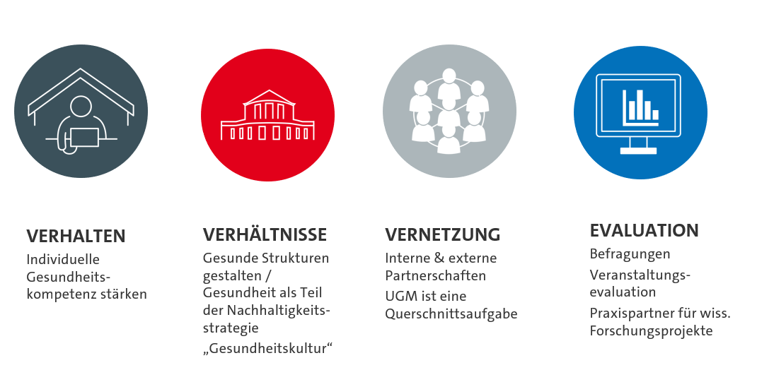 University health management consists of four levels of action, here represented as icons in 4 colored circles: Behavior, conditions, networking, and evaluation
