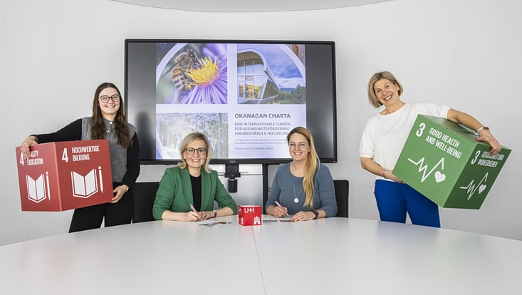 (From left) Anna Zerner, Prof. Natalia Filatkina, Prof. Laura Edinger-Schons, and Birgitta Büsch at the signing of the Okanagan Charter on 5 March 2025