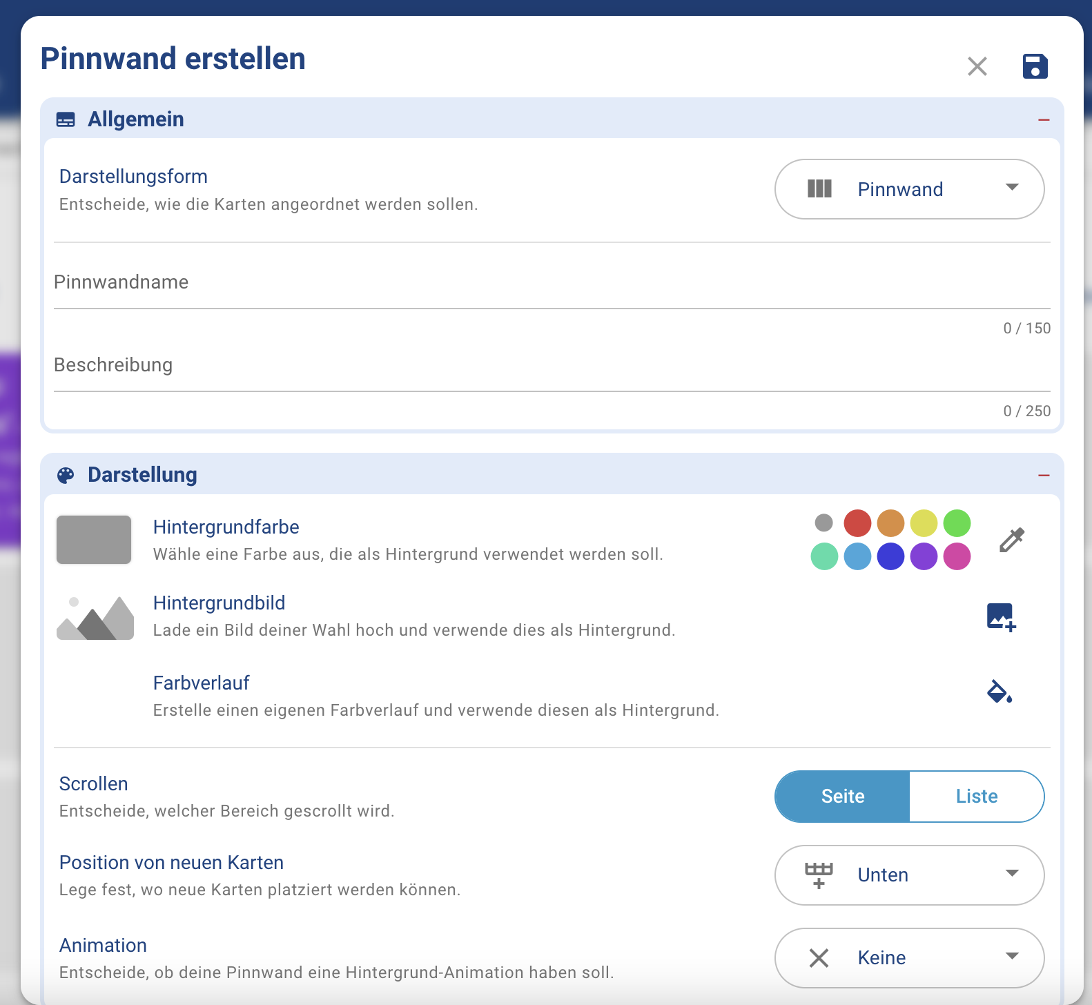 Screenshot der Einstellungen für eine Pinnwand