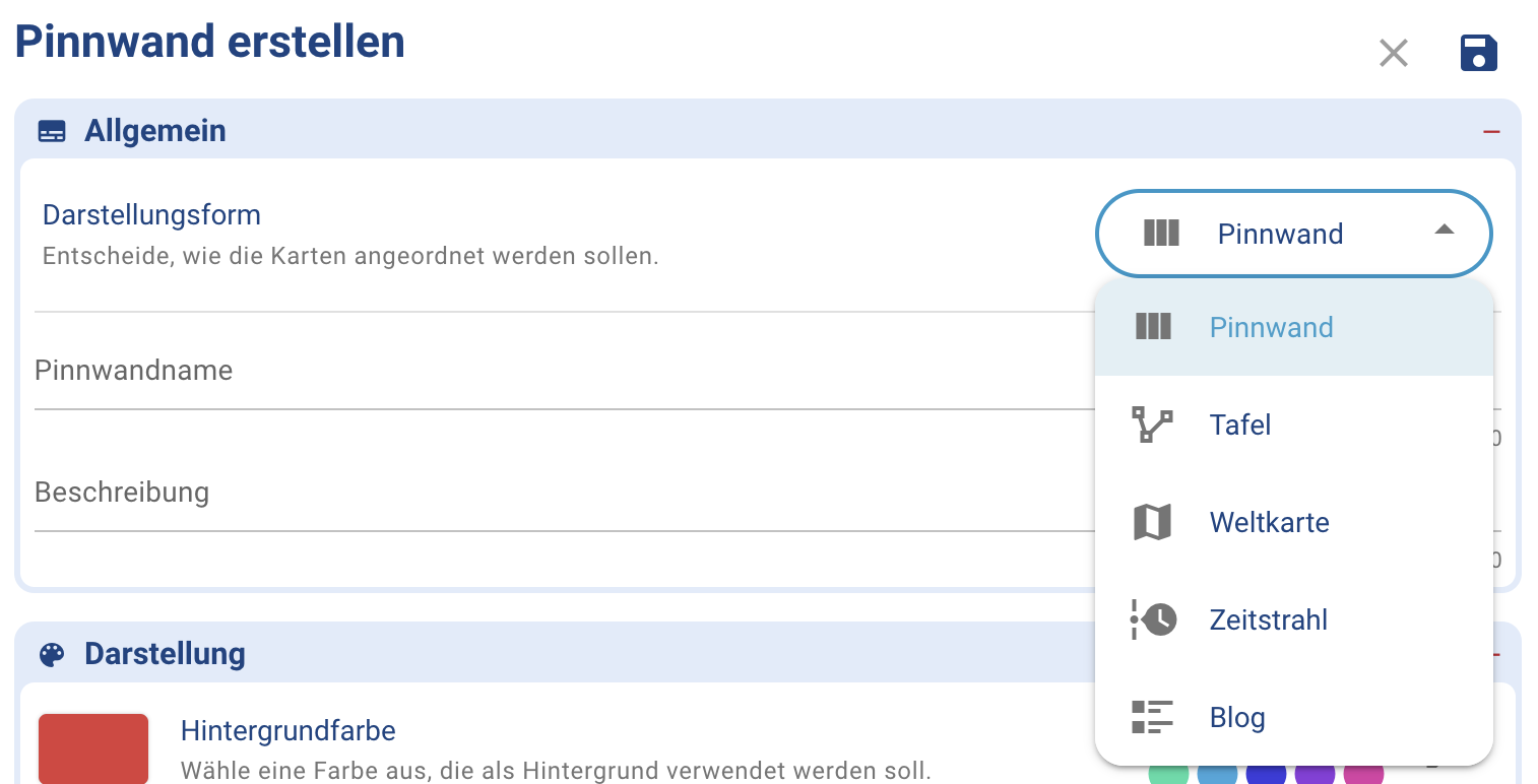 Screenshot des Menüs mit den verschiedenen Darstellungsoptionen