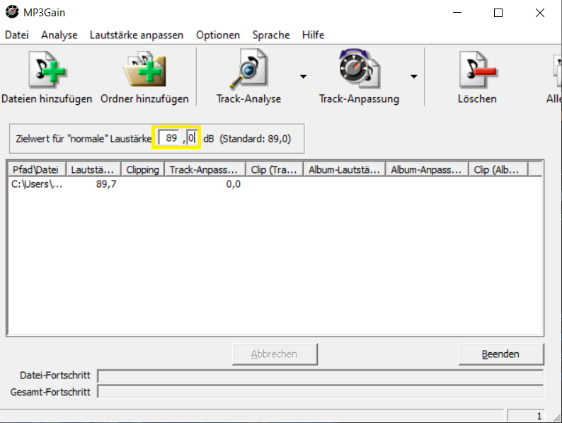 Screenshot of the software MP3Gain
