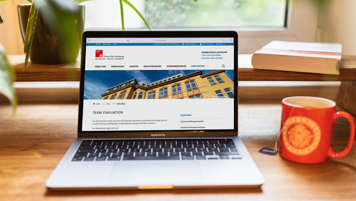 Foto eines Laptops auf einem Schreibtisch, auf dem die Webseite des Teams Evaluation aufgerufen ist
