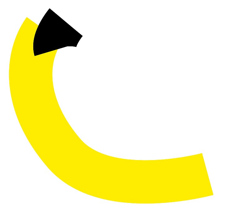 Das Bild zeigt eine weiße Fläche mit einem großen, bogenförmigen Balken in kräftigem Gelb. Der Balken beginnt links unten, verläuft in einer geschwungenen Form nach rechts und endet am unteren rechten Bildrand. Am oberen linken Ende des gelben Bogens befindet sich ein schwarzes, keilförmiges Element, das wie ein Pfeil nach links oben zeigt