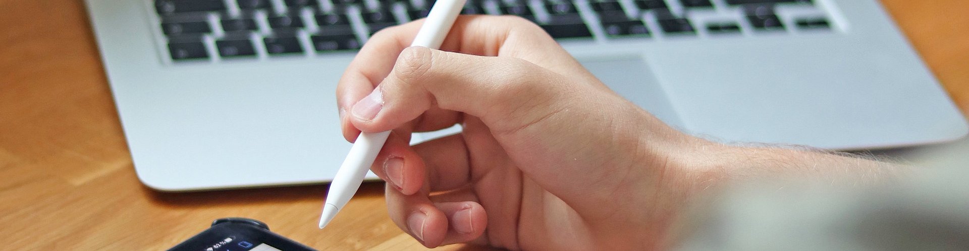 Eine Person, von hinten fotografiert, arbeitet mit Touch Pen und Laptop.