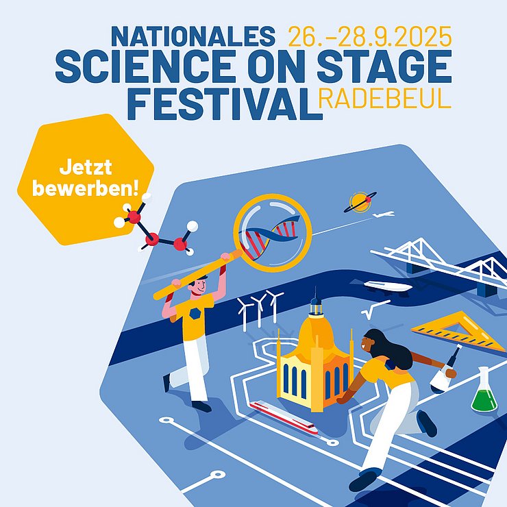 Plakat zeigt 2 Personen, verschieden wissenschaftstypische Elemente (DNS-Helix, Kolben etc.) und Daten zum Festival